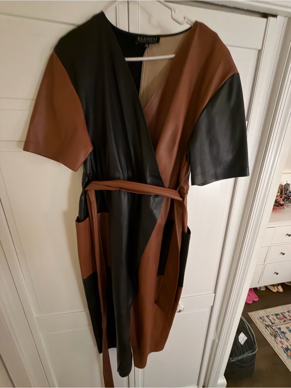 Eloquii color-block Faux Leather Wrap Dress in Brown and Black